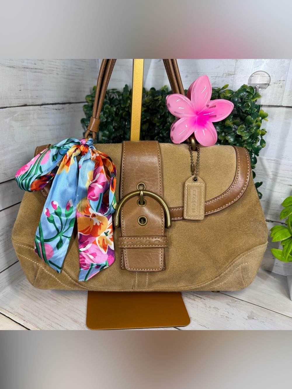 Coach Tan Suede & Leather Shoulder Bag with Floral Scarf
